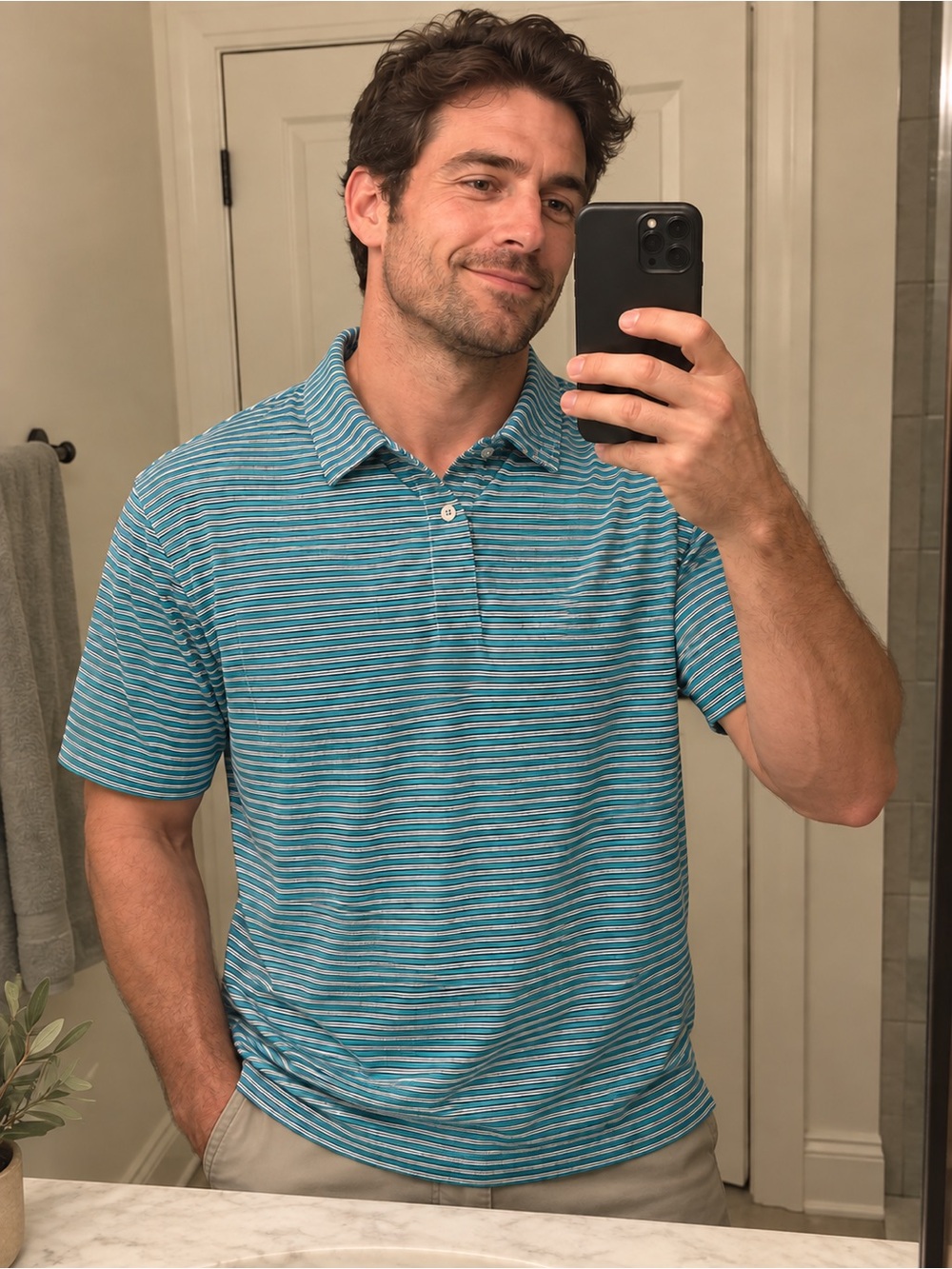Cutter & Buck Striped Teal Short-Sleeve Polo Shirt Large